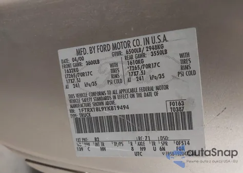 2000 Ford F-150 Lariat/Work Series/Xl/Xlt z USA, uszkodzony, nr VIN 1FTRX18L9YKB19494